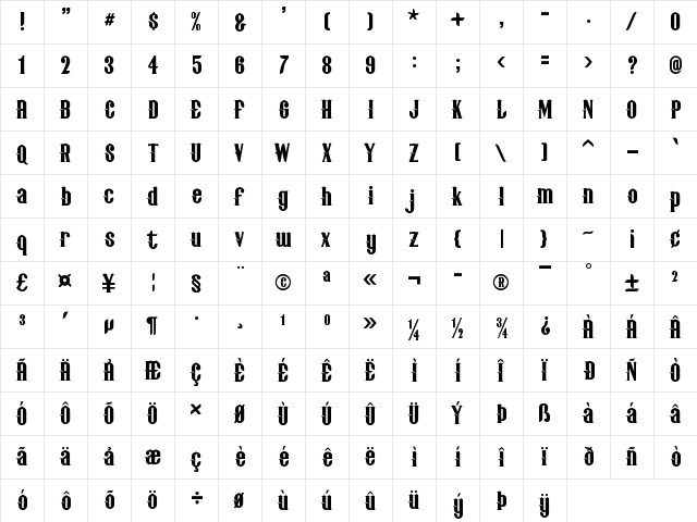 wacaban Regular  glyph index