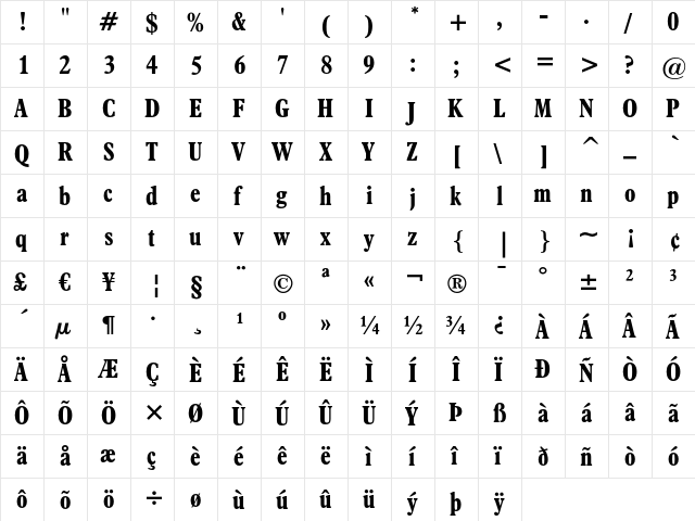 Aldine 721 Bold Condensed  glyph index