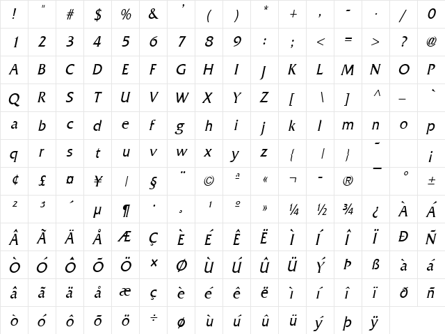 Franco-Condensed Italic  glyph index
