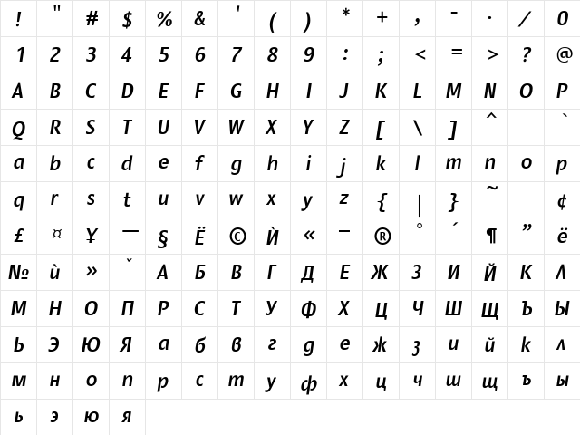 Montana Bold Italic  glyph index