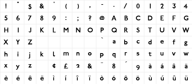 Paddington Bold  glyph index