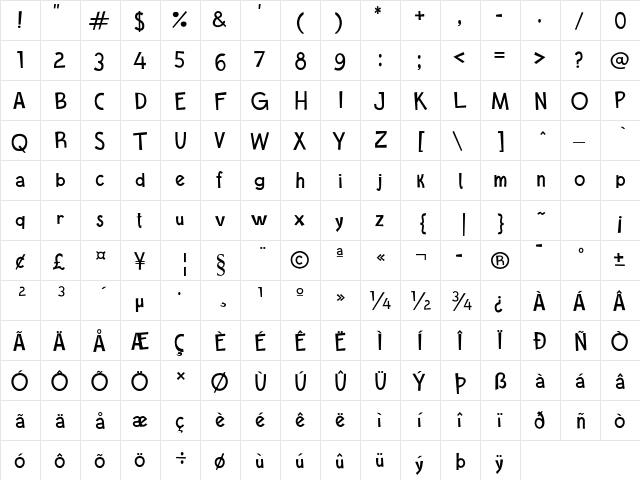 Cartoon Toy Turbo Regular  glyph index