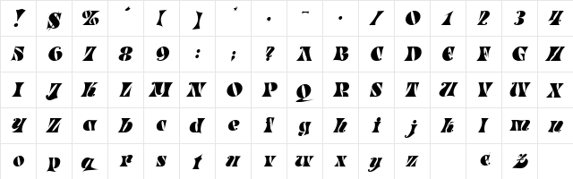 Sally Oblique  glyph index