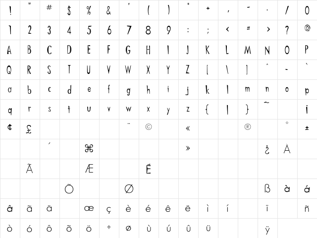 Samuri Regular  glyph index