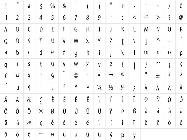 Myriad Tilt  glyph index