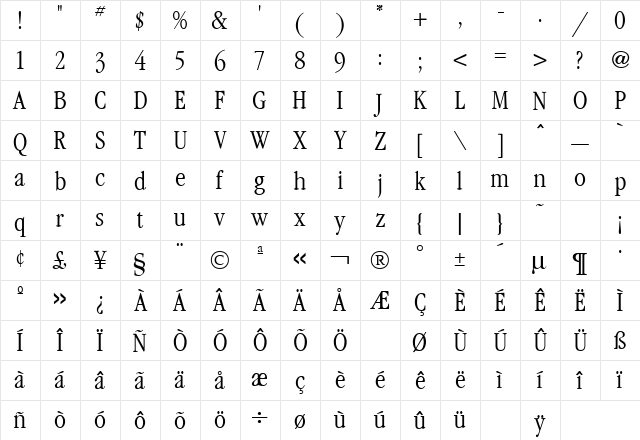 Garamond Regular  glyph index
