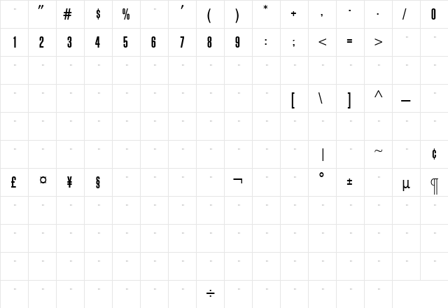 BlockGothicDemiExtraCondTab Roman  glyph index