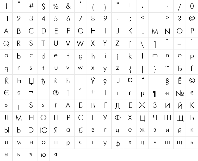 FuturisLightCTT Normal  glyph index