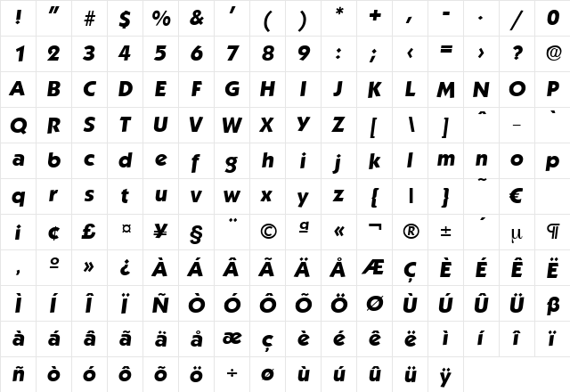 Koblenz-BoldIta Regular  glyph index