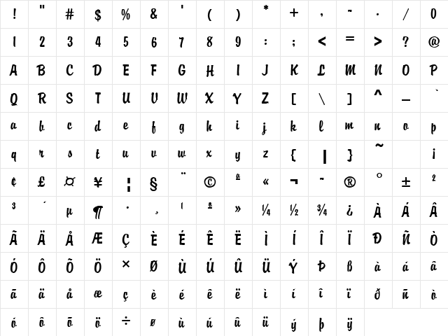 BrodyJoiD Regular  glyph index