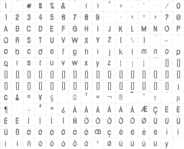 Downtown Thin Normal  glyph index