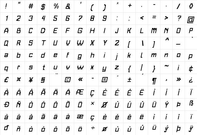 Amerggedon Italic Regular  glyph index