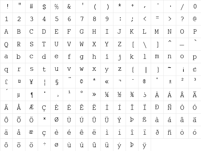 CurierCnd Becker Normal  glyph index
