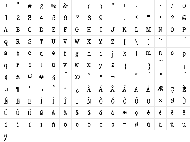 AmTypewriterCdMdITCTT Regular  glyph index