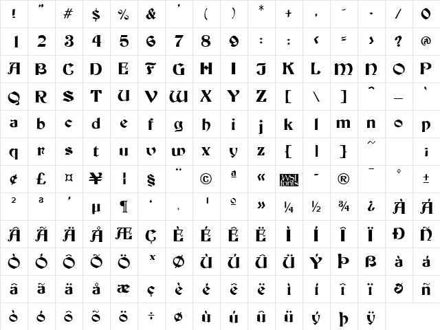 Buckingham Regular  glyph index