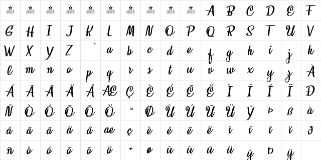Honeymoon Regular  glyph index