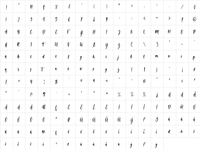 Delicated Regular  glyph index
