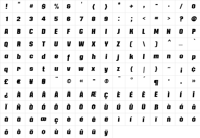 Collos Regular  glyph index