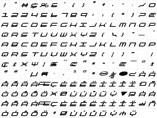 QuickTech Bold Italic Bold Italic  glyph index