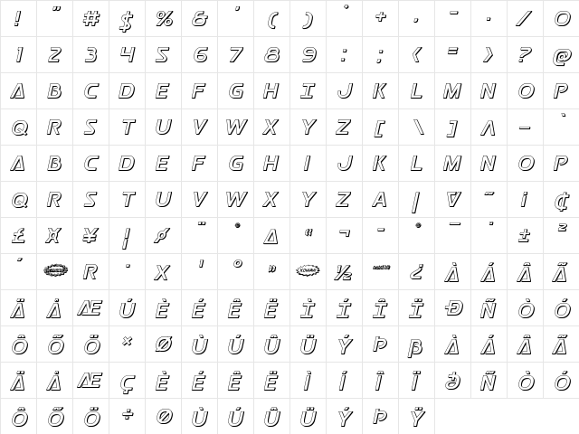Postmaster 3D Regular  glyph index