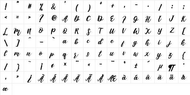 Senada Regular  glyph index