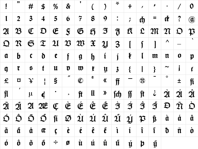 HumboldtFraktur Bold  glyph index