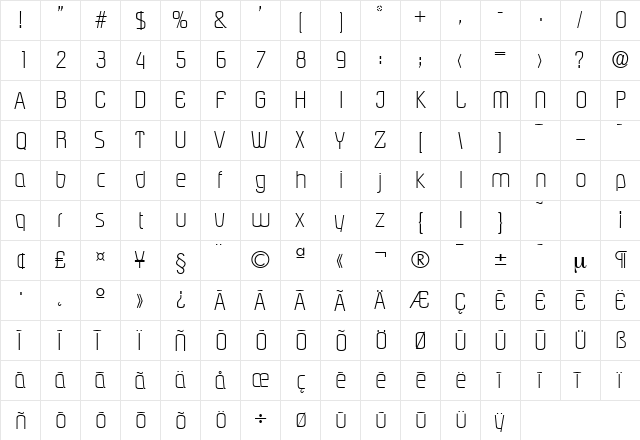 Pasadena-Serial-ExtraLight Regular  glyph index