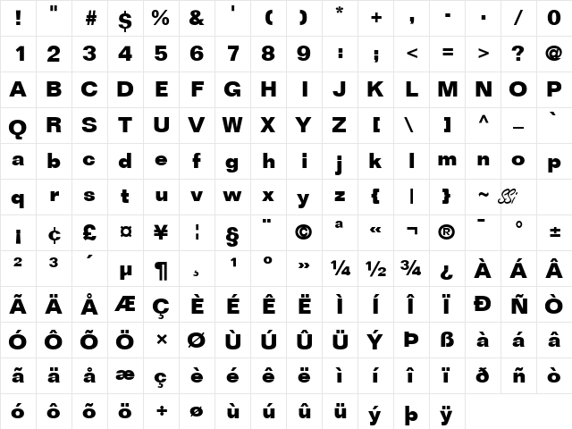 Layout SSi Bold  glyph index