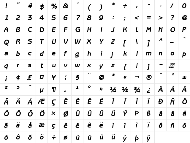 Express Deco Gothic SSi Bold Italic  glyph index