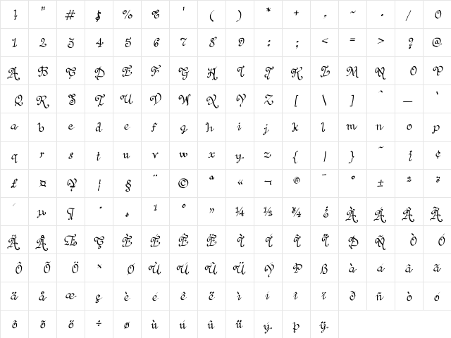 JD Priscus Regular  glyph index