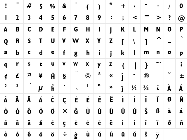 Humanst521 Cn BT Eo Bold  glyph index