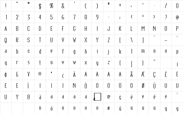 Bitmap Elite Regular  glyph index