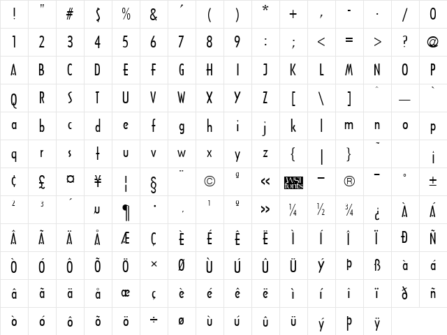 Arcane Regular  glyph index