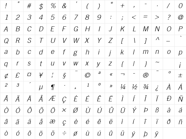 Trade Gothic LT Com Light Oblique  glyph index