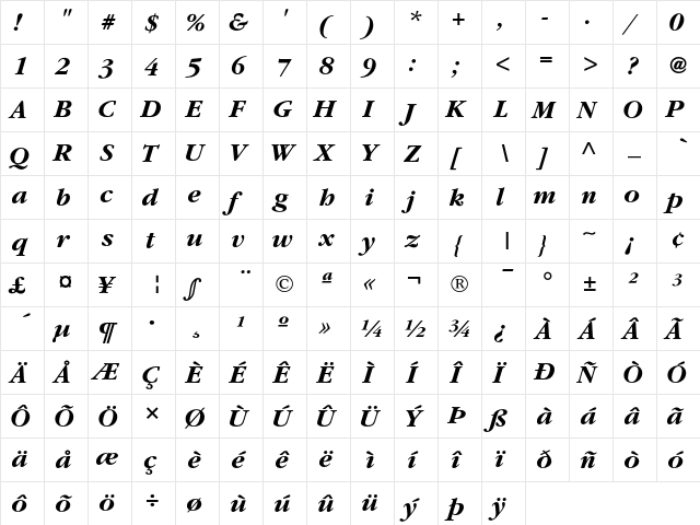 ITC Garamond Bold Italic  glyph index