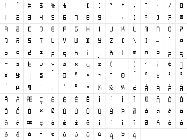 Radio Space Condensed Condensed  glyph index