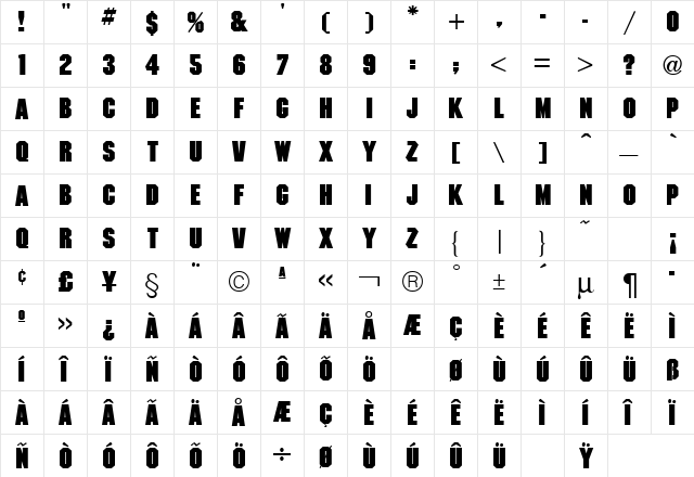 Machine Bold  glyph index