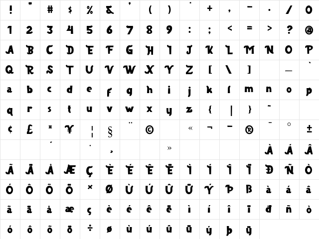 Borju Regular  glyph index