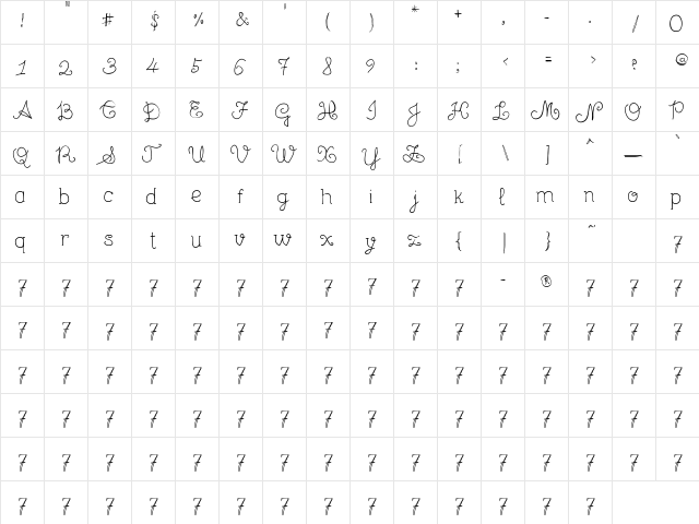 Unic Calligraphy Regular  glyph index