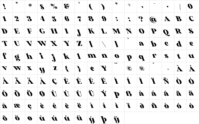 Glory Sunshine Oblique Regular  glyph index