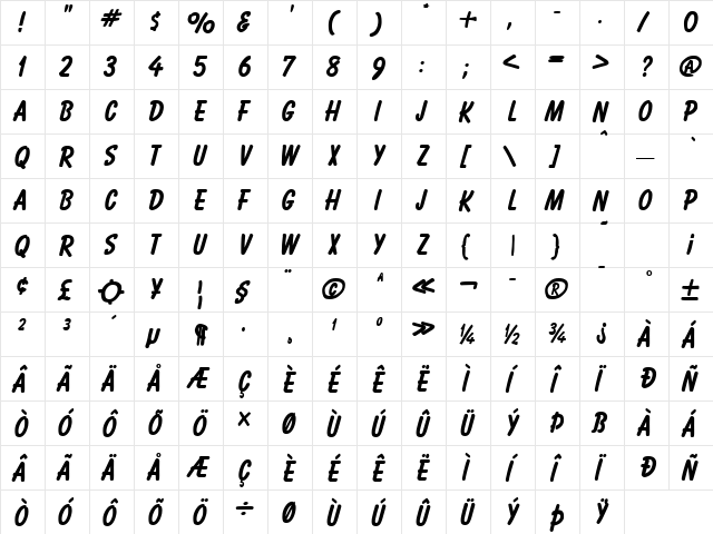 Hot Air Bold  glyph index