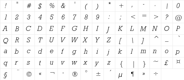GeoSlb712LightC BT Italic  glyph index