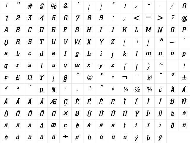 Center City Bold Oblique  glyph index