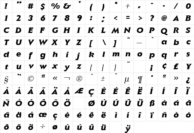 Elan Italic  glyph index