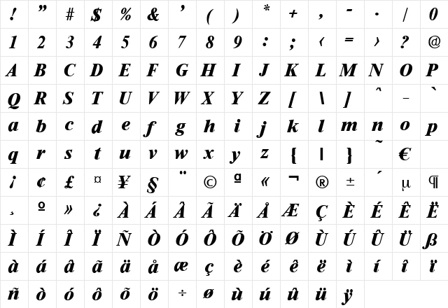 Riccione-BoldIta Regular  glyph index