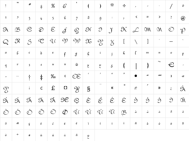 Olivia Regular  glyph index