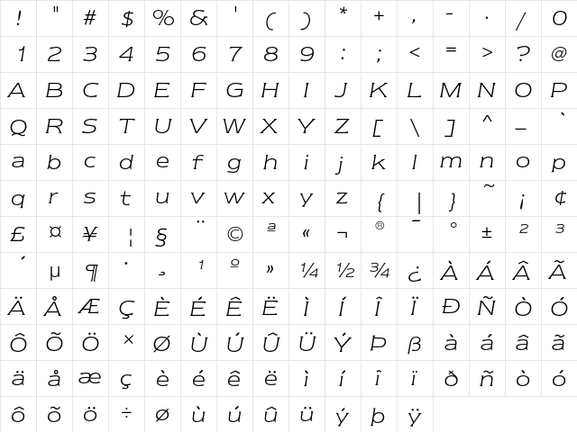 NewtextEF LightItalic  glyph index
