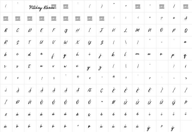 Pitchey Bloom Personal Use Regular  glyph index