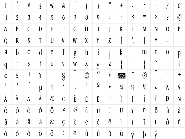 GriffonCondensed Regular  glyph index