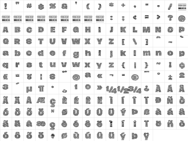 Hierograf PERSONAL USE Regular  glyph index